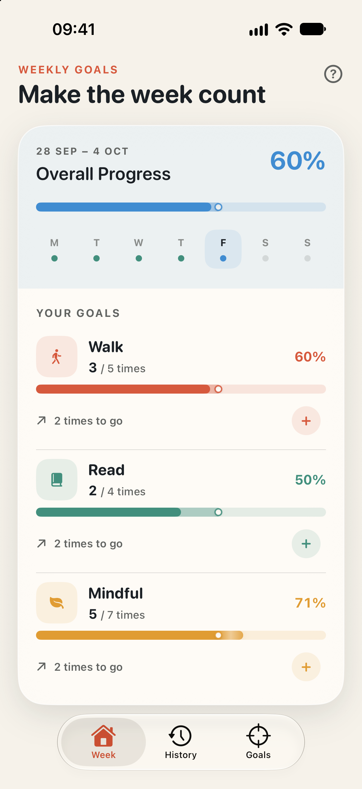 Weekly Goals dashboard showing three goals and this week's progress